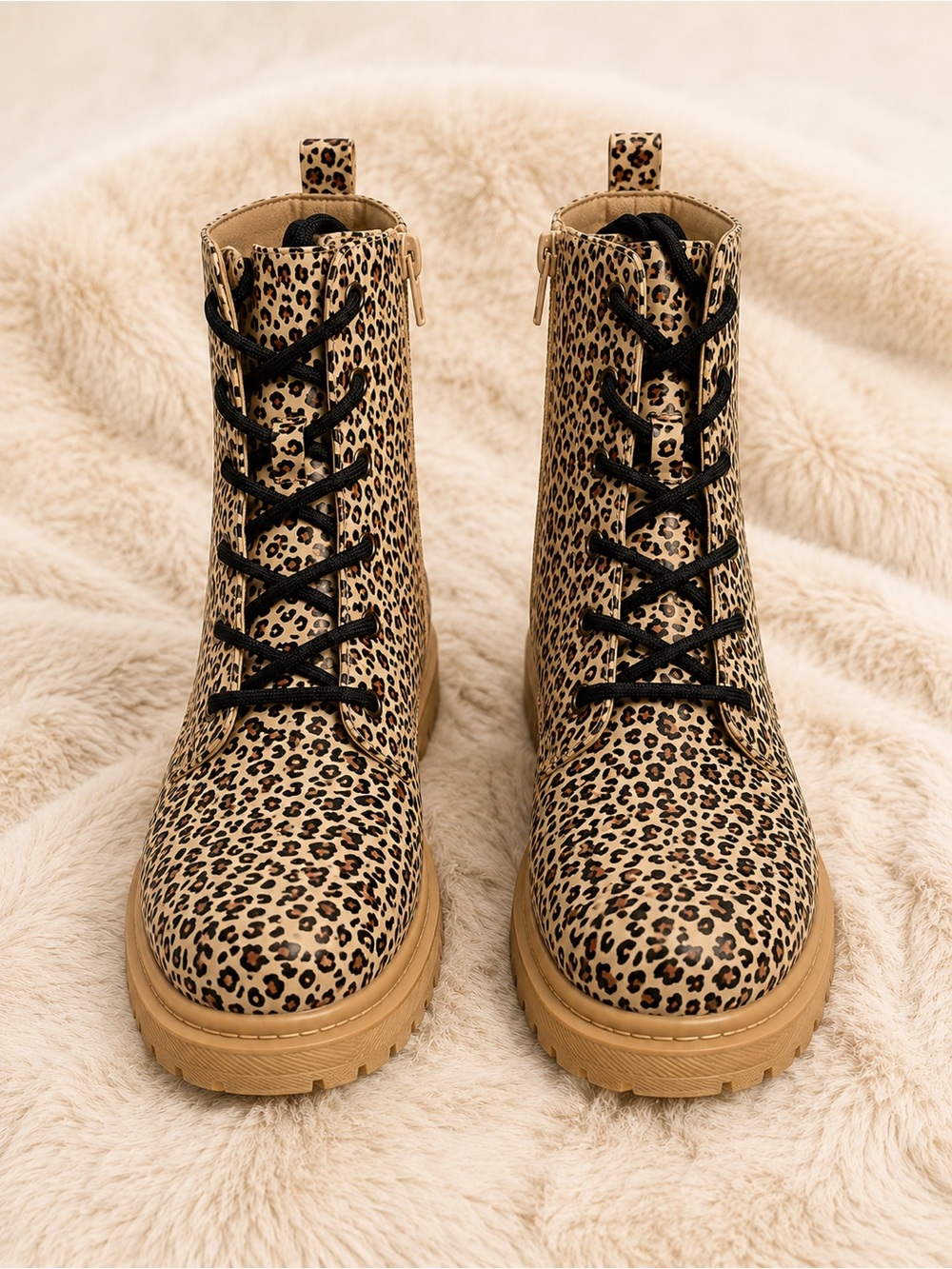 Leopard Print Combat Boots Women’s Lace-Up Side Zip Chunky Lug Sole Size 6